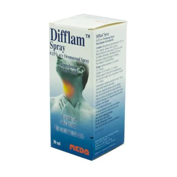 Difflam Throat Spray 30ml — Benzydamine Anti-Inflammatory Sore Throat Spray Available from Chemco Pharmacy Ireland
